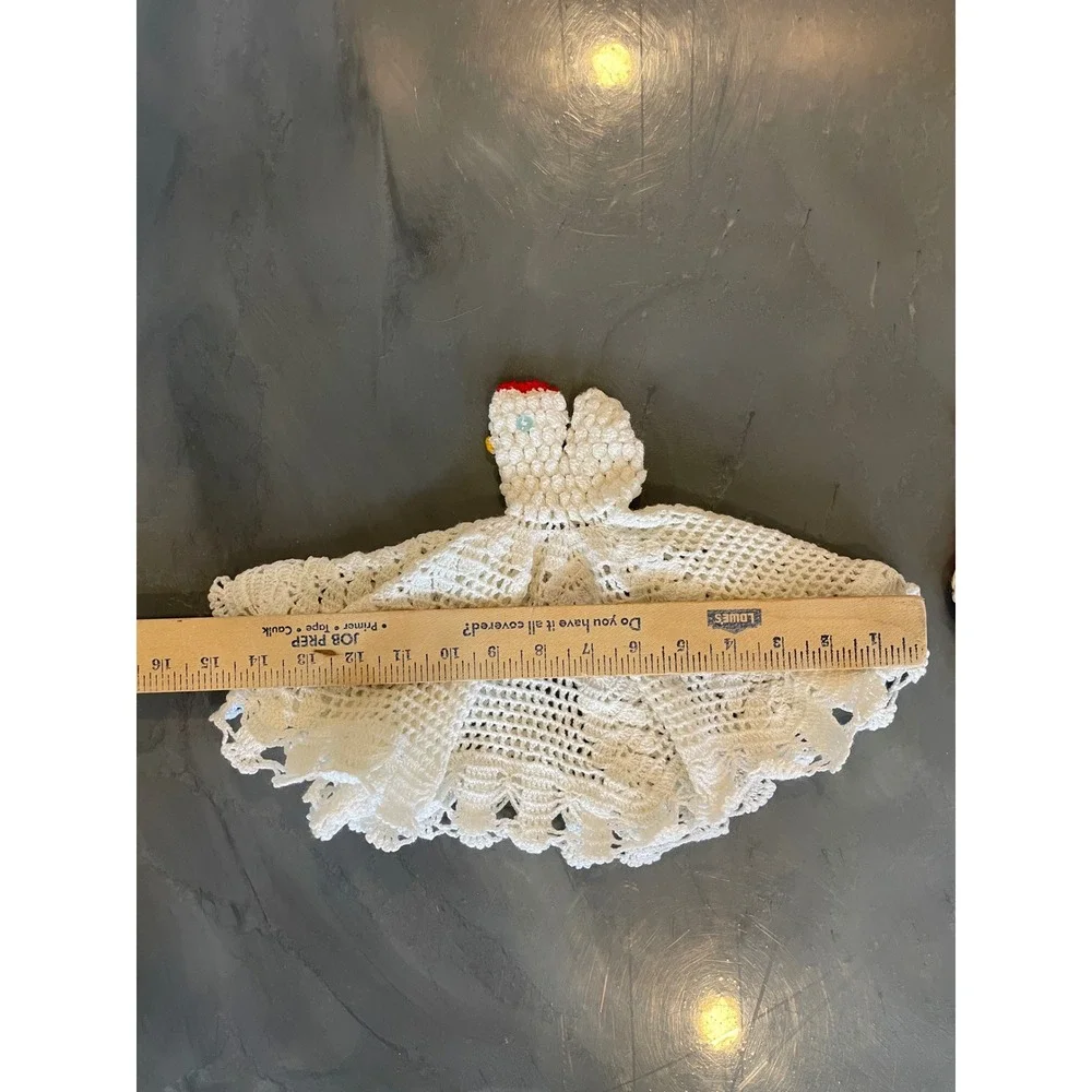 VTG Handmade Crochet Chicken Doily Toaster Cover Rooster Potholder Set Farmhouse